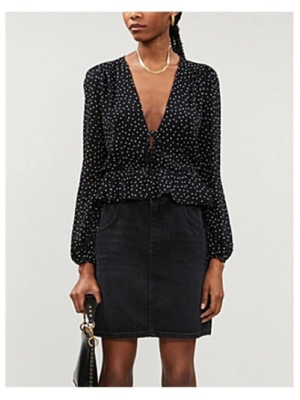 Reformation Black Polka Dot Tie-Front V-Neck Blouse size 2